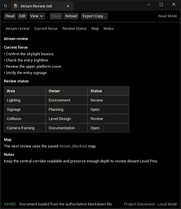 Locus Document Editor showing a project Markdown document in Read Mode with headings, list, and table