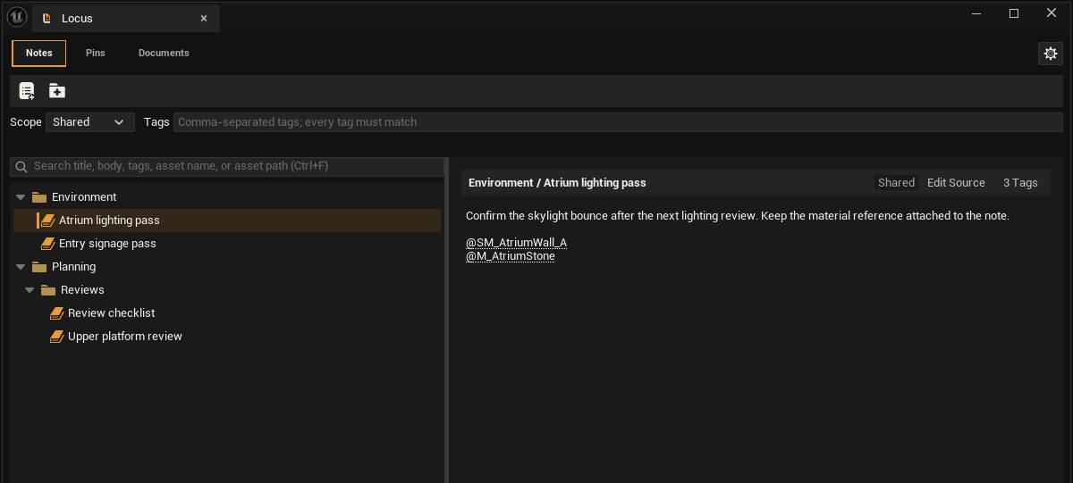 Locus Notes workspace with folder hierarchy, Shared scope context, and an active note