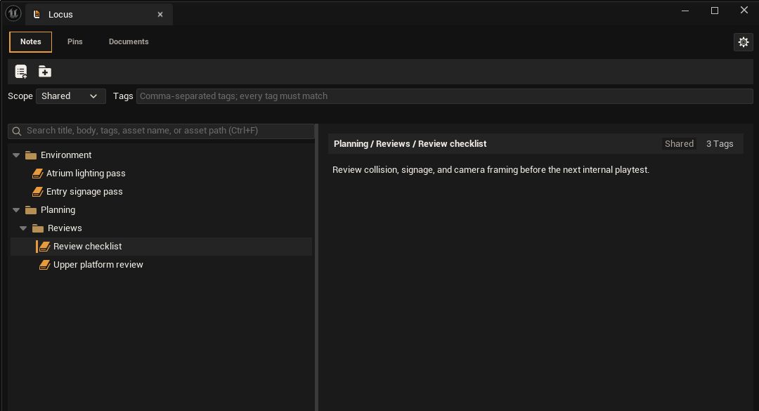 Locus primary tab showing Notes, Pins, Documents, and Settings navigation
